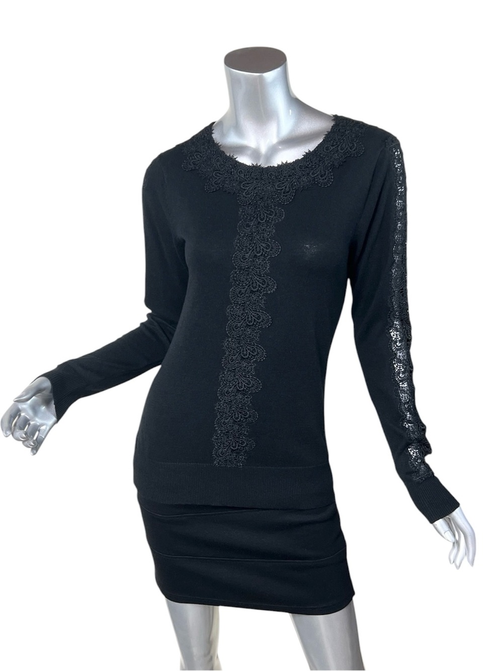 7th Avenue NEW YORK & CO. Black Lightweight Sweater Lace Trim Size SMALL NEW